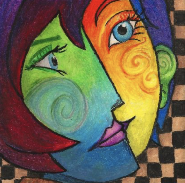 Painting by Pablo Picasso, a colorful mask-like face