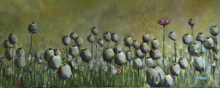 poppy pod field oil painting with lots of green.