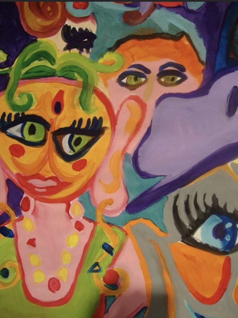 Intuitive painting of heads of women with big eyes and funny colors