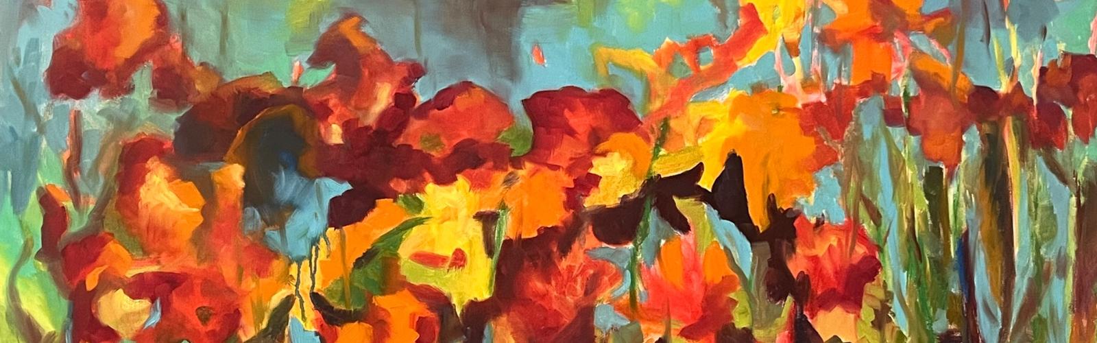 cropped abstract colorful poppy field oil painting.