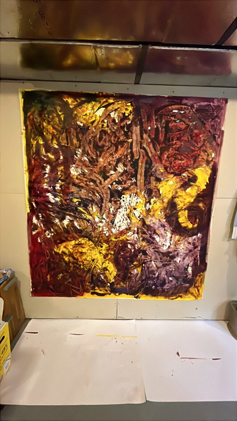 5x6' abstract oil painting in mostly alizarin crimson (dark transparent red) with ultramarine blue pinned to a wall.