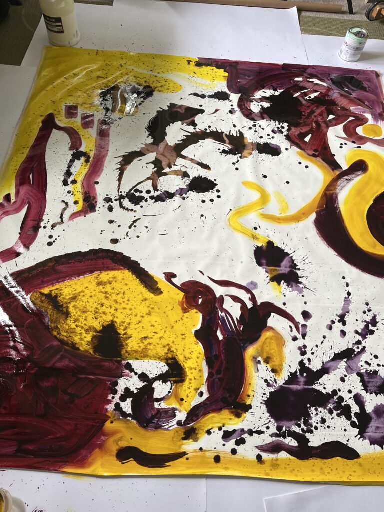 Photo of the start of a large abstract painting with oil paint on canvas.