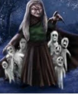 Ugly Frau Perchta, the legend of a goddess, surrounded by little ghosts.