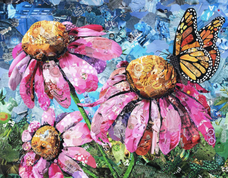 Collage consisting of 3 pink cone flowers with butterfly and blue sky.