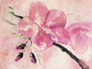Painting of a pink cherry blossom on a dark branch.
