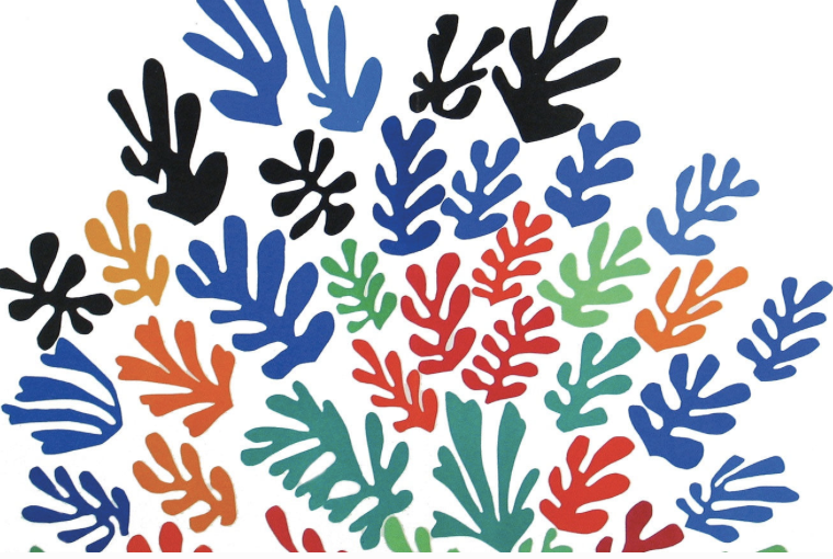 La Gerbe (Henri Matisse). A burst of colorful, leaf-like organic forms in blues, reds, greens, yellows, and blacks.