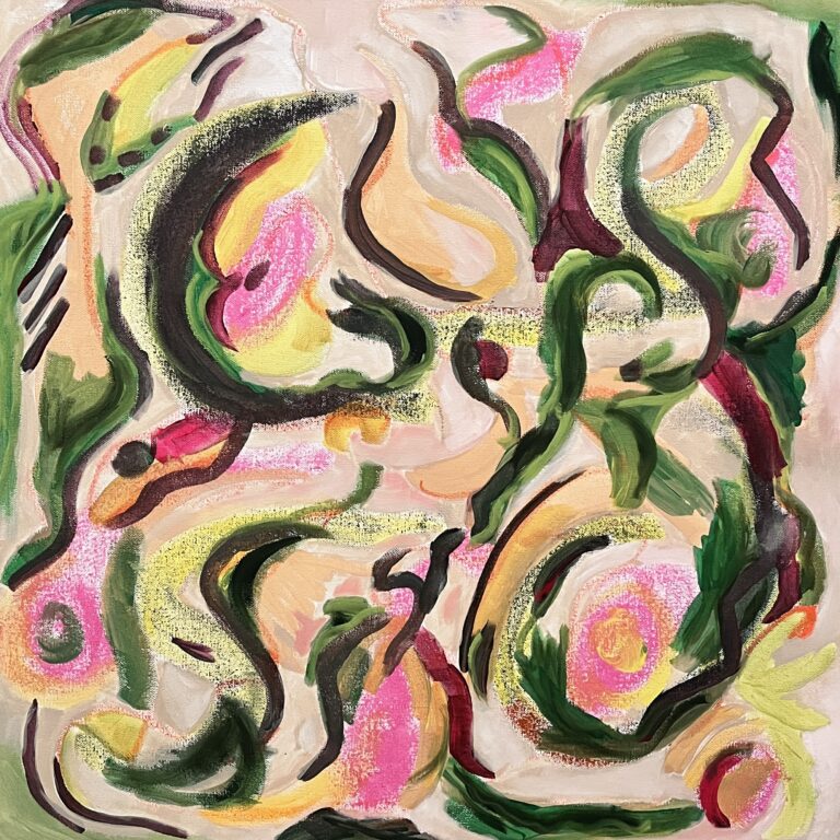 Acrylic painting with swirls of green and red on a soft pink background - Elisabeth Vismans.