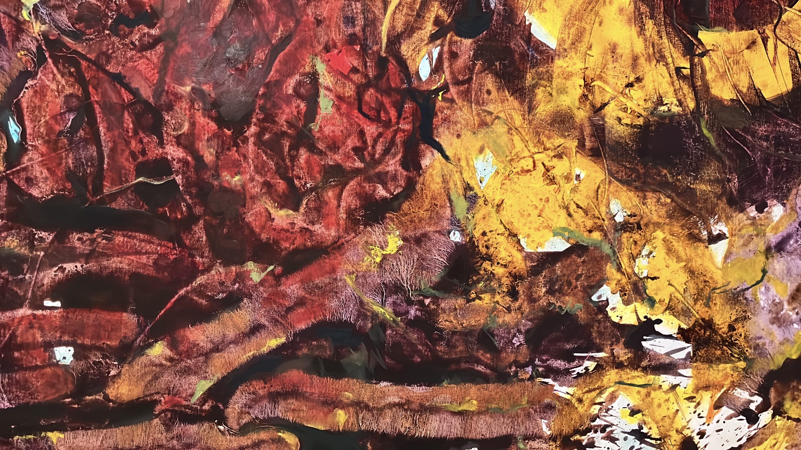 close up of an oil painting with alizarin crimson, blue and yellow, Elisabeth Vismans.