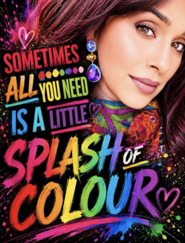 A young woman looking at the viewer with splashes of color.