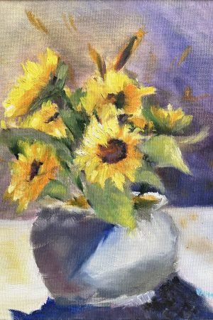 Yellow sunflowers and purple oil on canvas painting - Elisabeth Vismans